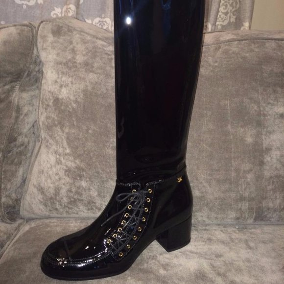 CHANEL 15A Patent Calf Leather Knee High Tall Lace Up Boots Shoes - Picture 2 of 16